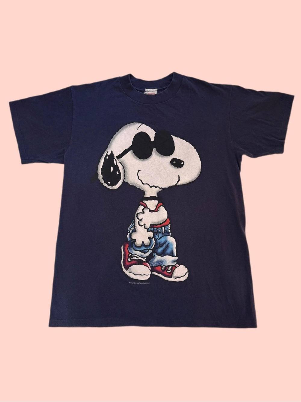 Vintage 90s Joe Cool Snoopy Giant Graphic Tee Syndicate Peanuts Navy Large Rare